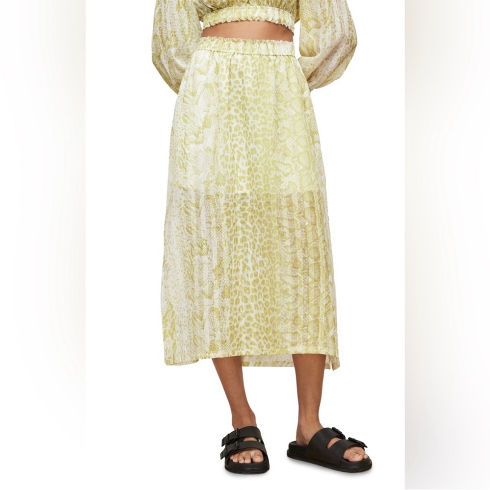All Saints Yellow Animal-Print Midi Skirt